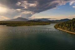 Hull River estuary, looking north to Hull River National Park  (Vegetation: mangroves, Eucalypt forest, vine forest.) Storm clouds developing in the late afternoon.   , Queensland  Australia.  Cons. Status: